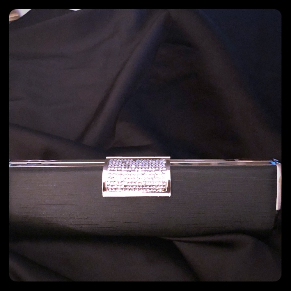 DAVIDS BRIDAL BLACK SATIN CLUTCH W/RHINESTONES